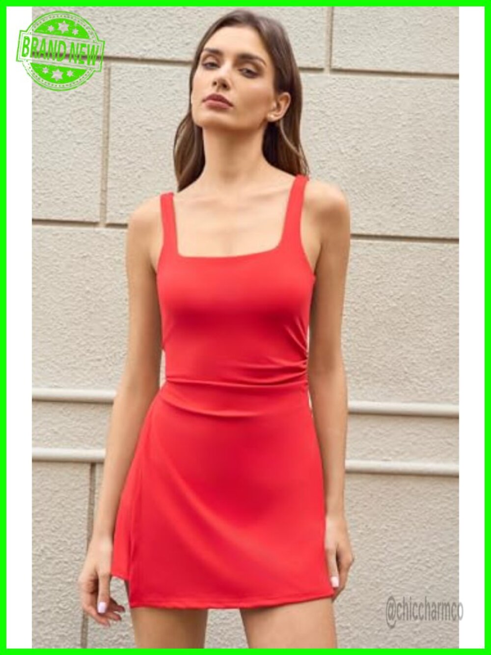 Square Neck Low Back Cutout Tennis Dress with Built-in Shorts - Picture 2 of 6